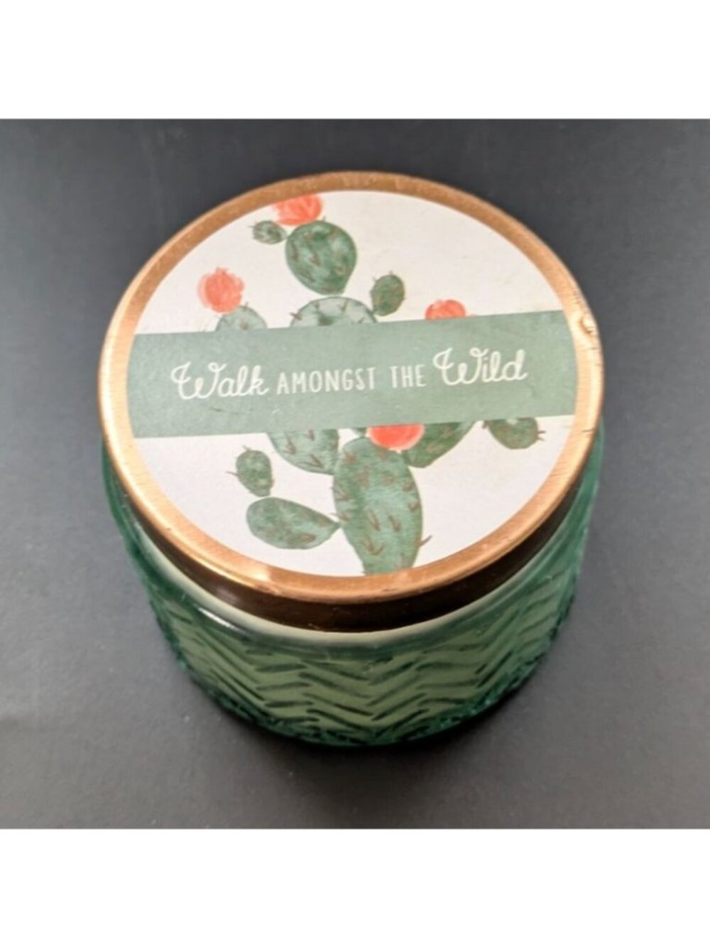 Walk Amongst The Wild Rainforest Scent Candle Green Pressed Glass Jar Gold Lid